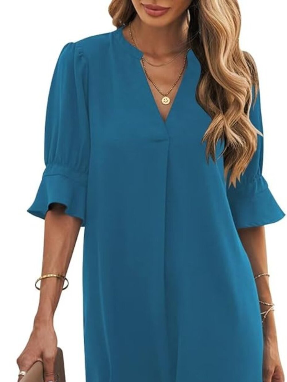 Wkior Shift Dress for Women V Neck Short Sleeves Solid Color Casual Flowy  (L)
